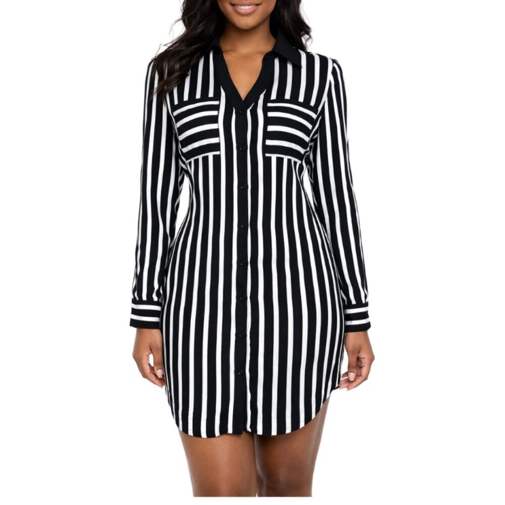 Express Black & White Vertical Stripe Portofino Mini Shirt Dress XS